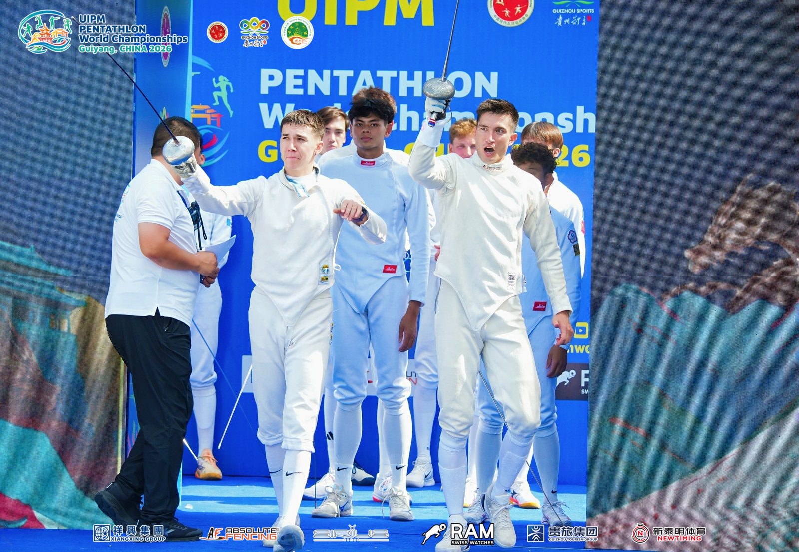 Celebrating a hit with a raised epee at the Pentathlon World Championships
